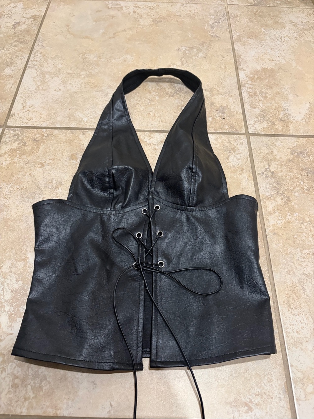 Source Unknown Black Faux Leather Halter Lace-Up Crop Top